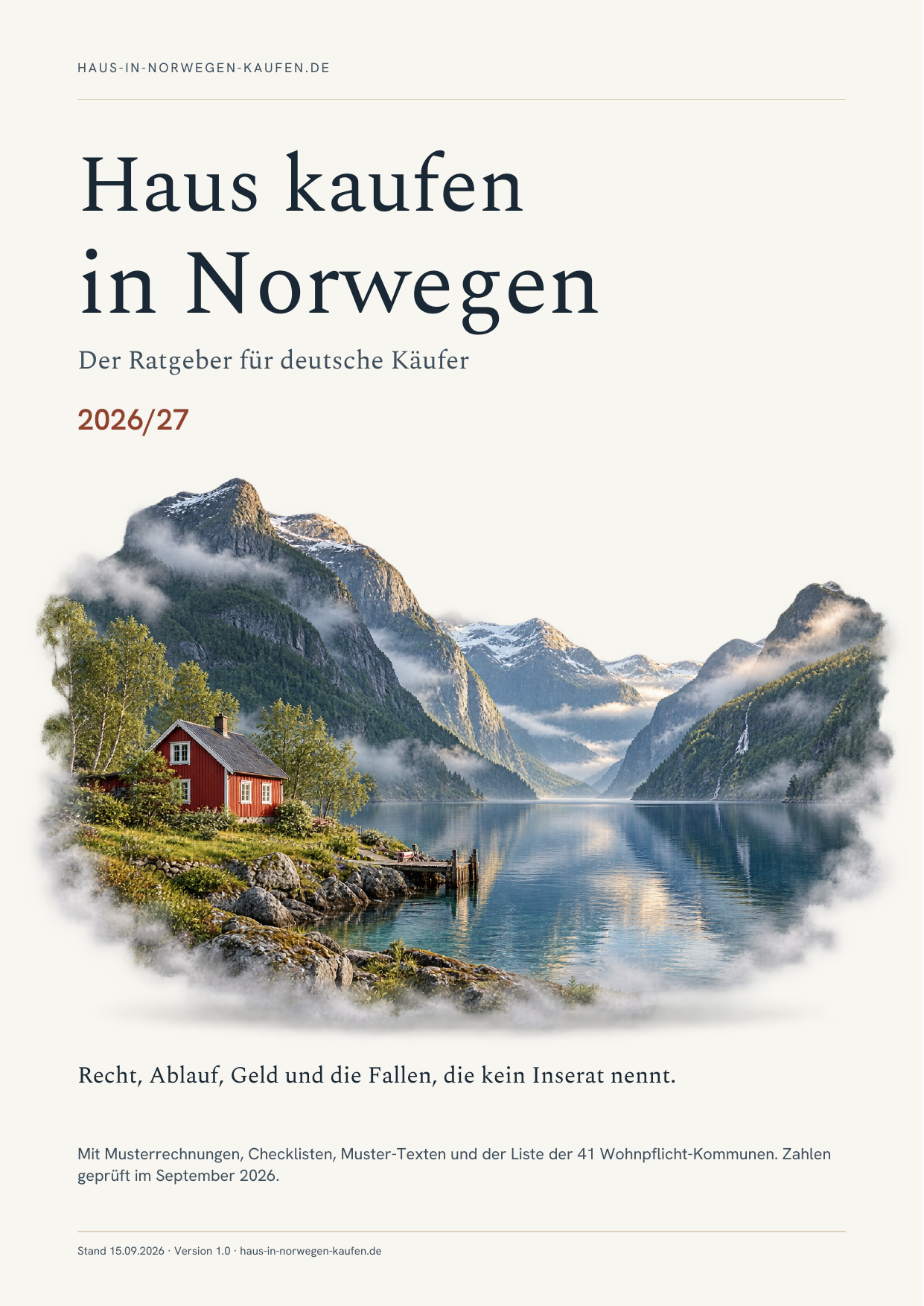 Buchcover Haus kaufen in Norwegen mit Fjordlandschaft und rotem Holzhaus